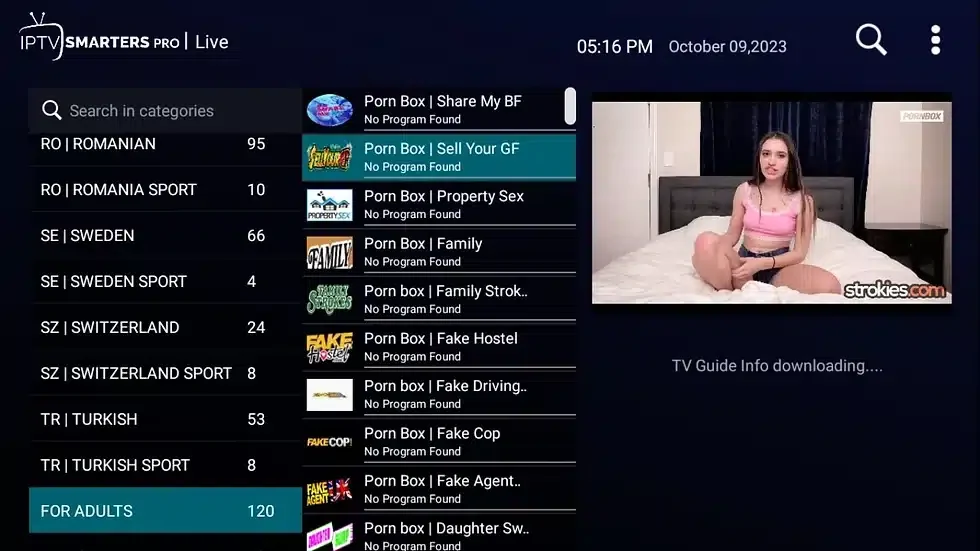 Adult IPTV subscription showing the 18+ category included in the plan